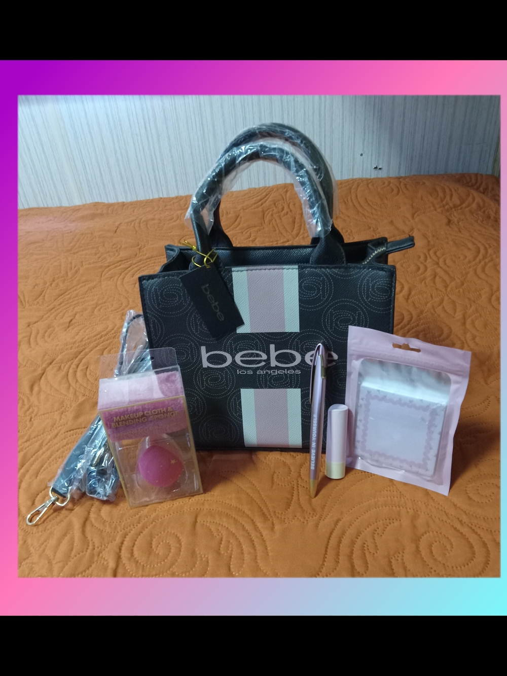 Womens Bebe Black Tote with Pink and Cream Stripes